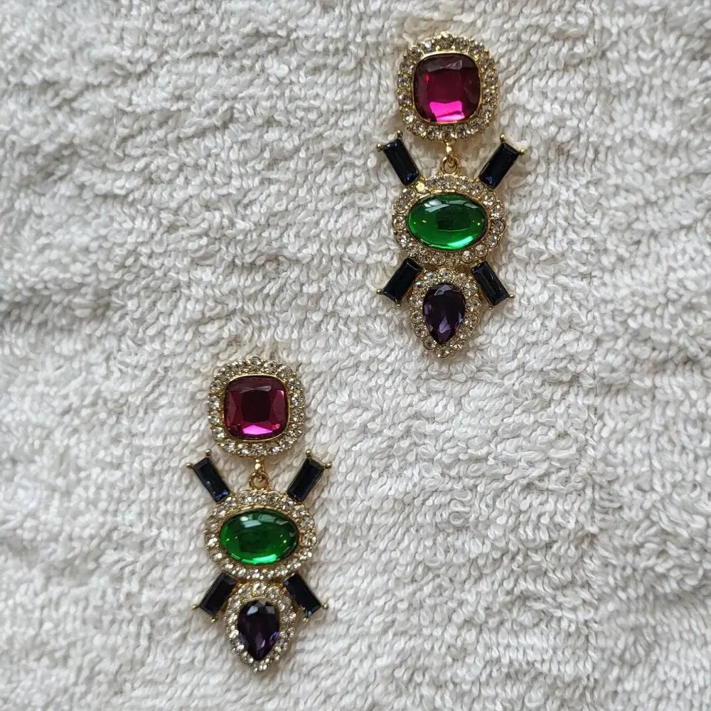 Multi-Color Jeweled Gem Statement Dangle Earrings – Gold Tone Rhinestone Drops